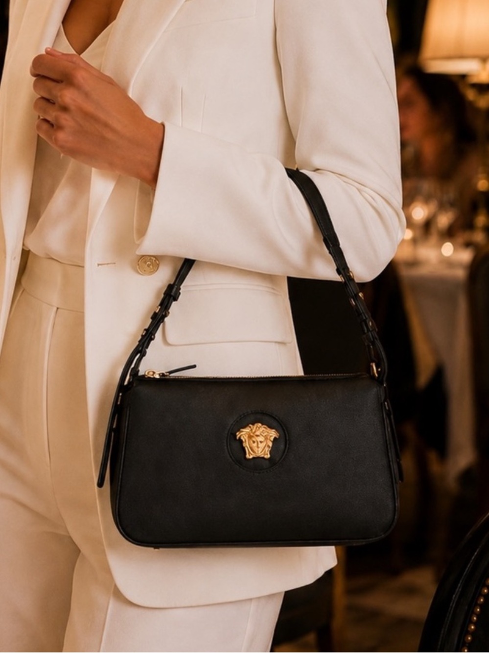 Versace Black Leather Shoulder Bag with Gold Medusa Emblem